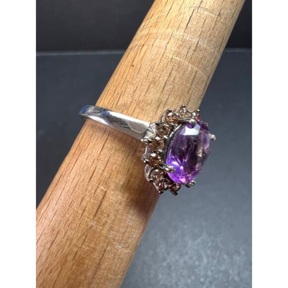 NEW Amethyst and brown zircon halo ring in platinum over sterling silver size 8 - Picture 9 of 16